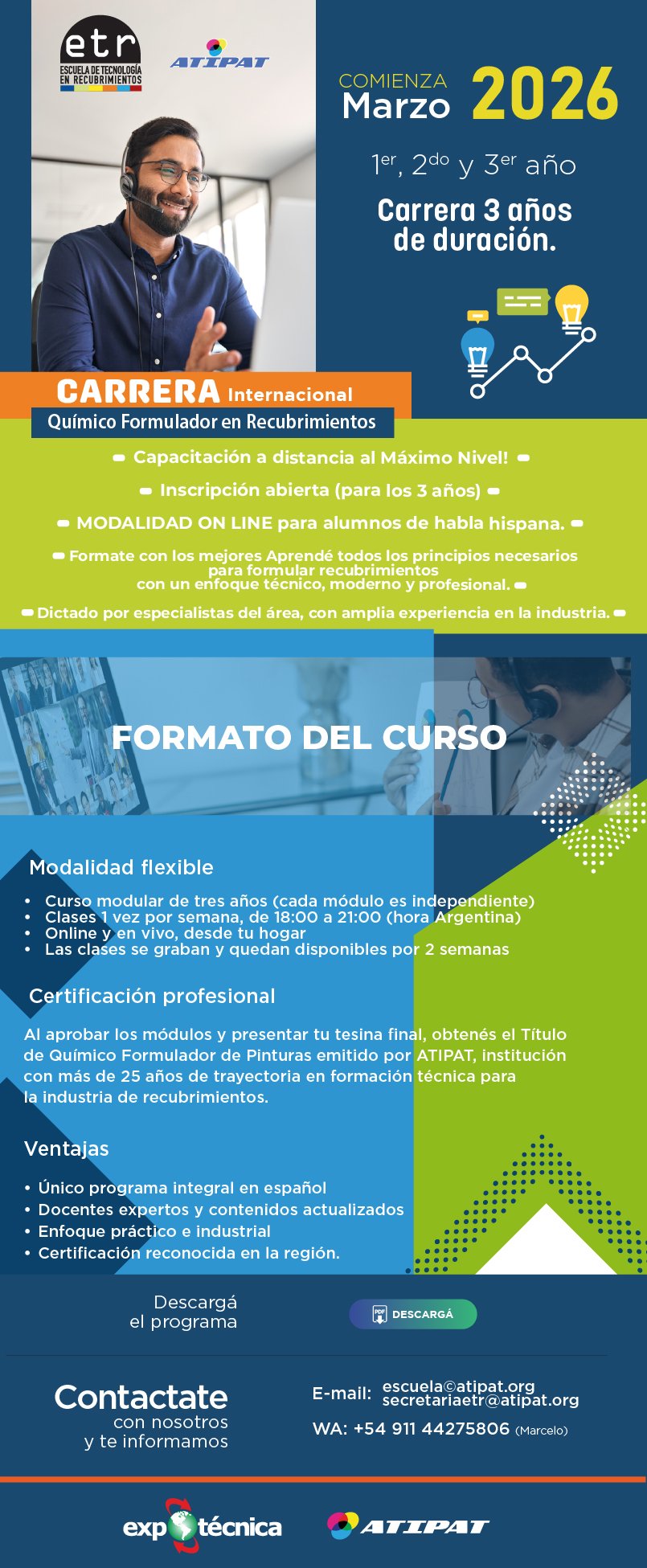 carrera-quimico-formulador-pinturas-atipat-2026 Flyer informativo de la Carrera Internacional de Químico Formulador en Recubrimientos 2026 de ATIPAT.